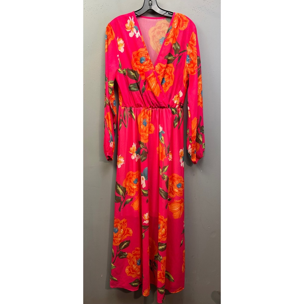 Bold Maxi Dress Womens Medium Pink Orange Floral V-Neck Long Sleeve Wrap Sheer‎